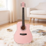 Pink 41-inch Dreadnought barrel-shaped cutaway acoustic guitar with pick, strings, capo, gig bag, tuner, wrench tool, and shoulder strap - Image 14