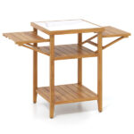 Acacia Wood Outdoor Grill Table with Drop Leaf, BBQ Prep Station with Faux Marble Resin Top - Image 3