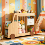 4-in-1 Kids Toy Storage Organizer with Rolling Wheels, Car Shape Wooden Bookshelf with Fabric Drawer for Playroom Nursery, Age 3+ Natural - Image 8