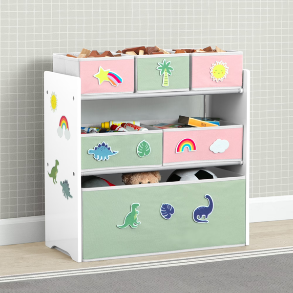 38f9fbcf-0883-4e15-937d-a07fafe72b58.png Design & Store 6 Bin Toy Storage Organizer with Interchangeable Patches, Green/Pink - Image 1