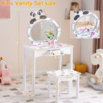 Black and white panda MDF painted finish, solid wood legs, 1-drawer children's dressing table set, LED three-color backlit touch switch - Image 14