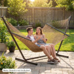 2-Person Polyester Caribbean Hammock with Hardwood Spreader Bars, 600lbs Weight Capacity Double Hammock for Patio Garden-Khaki - Image 8