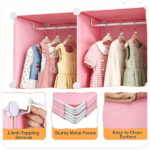 3-Cube Pink Modular Kids Closet, PP & Metal Storage Organizer with Hanging Rods, Tool-Free Assembly Baby Wardrobe for Clothes Toys Books - Image 7