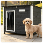 34" x 20" x 25" Outdoor Dog House with Sloped Asphalt Roof, Elevated Floor & Openable Roof Weatherproof Pet Kennel with PVC Door Curtain for Medium Large Dogs Gray - Image 5