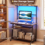 Mobile Rolling Computer Desk with RGB LED Lights & Built-in Charging Station, Multi-Tier Storage Workstation with Keyboard Tray - Image 12