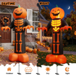 12ft Inflatable Halloween Decor with Skeleton Ribs, Pumpkin & Grim Reaper, 3 LED Lights + 115 Count String Lights, Black & Orange, 12V 2000mA US Power Adapter - Image 9