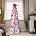 7 FT Fully Decorated Pre-lit Christmas Tree, Pop Up Artificial Xmas Tree with 170 Warm Lights and Red Ornaments for Home Office Store Holiday Deco, White - Image 7