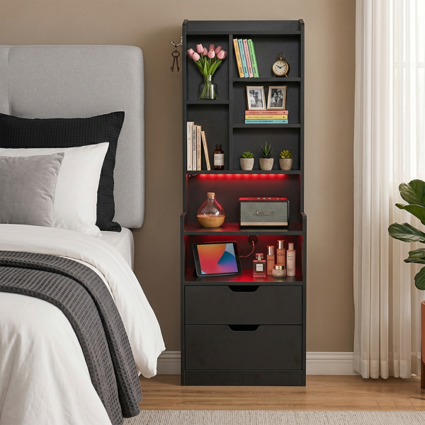 3981af7e-d48d-4eda-8f11-98ef4efea9b0.png 2 Drawers + 1 Shelf + 6-Shelf BedsideTable US Standard Power Supply (1 USB + 1 Type-C + 2 Triple-Prong) Storage Locker P2-12MM Particleboard Laminated Storage Cabinet 17.32*13.78*50in Black - Image 1