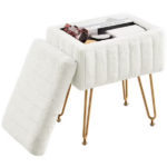 Square Ottoman with Storage, Makeup Cute Soft Small Footstool, Modern Style Faux Fur Seat with 4 Metal Legs & Adjustable Feet for Dressing, Living Room Bedroom Dorm, White - Image 4