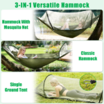 3-in-1 Camping Hammock with Automatic Pop-Up Mosquito Net, Lightweight 70D Nylon Portable Hammock Supports 440lbs, Dual Zipper Outdoor Hammock for Camping Hiking Backpacking Beach Backyard - Image 4