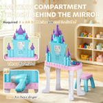 Multicolor Girls Vanity Set – Castle Design Makeup Table with Mirror, Stool, Light, Music for 3-6 Years Old - Image 6