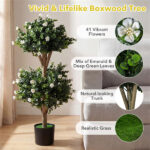 Set of 2 36" Artificial Boxwood Topiary Trees with Flowers, Indoor Outdoor Faux Plants - Image 9