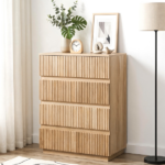 Handleless Grille-Finished 4-Drawer Bedside Table P2 Particleboard + MDF & Melamine Veneer + Thermoformed Drawer Dresser 23.62*14.96*30.71in Oak