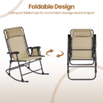 Outdoor Rocking Lounge Chair with Headrest Pillow, Beige - Image 3