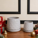 Handmade White Glazed Ceramic Planter Set of 2, 6" & 8" Diameter, Bamboo-like Pattern, for Orchids Indoor/Outdoor Shelf and Table Use, Breathable Clay - Image 5
