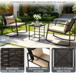 3-Piece Outdoor Wicker Rocking Chair Set, Patio Conversation Furniture with Tempered Glass Side Table & Washable Cushions for Garden Backyard Poolside - Brown - Image 4