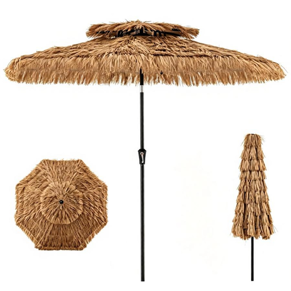 10ft Double Tier Hawaiian Tiki Patio Umbrella with Push Button 30° Tilt & Crank Lift, 8 Metal Ribs PE Thatch Tropical Outdoor Shade Canopy Ventilated Top for Backyard Poolside Brown