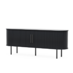 Black Embossed Particle Board TV Stand, Oval Tabletop 147×35×58cm, Entertainment Center with Slatted Sliding Doors, Modern Media Console Cabinet for Living Room - Image 12