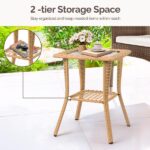 Outdoor Wicker Side Table, Rattan End Table with Glass Top, Patio Coffee Bistro Table for Indoor Garden Porch Balcony, Beige - Image 8