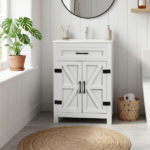 Washed white particleboard with melamine veneer, barn double door with U-shaped internal shelves, washbasin cabinet, 61*47*85cm (24 inches)