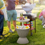 Brown Outdoor Imitation Rattan Ice Cooler Side Table 8Gal 2-Height Adjustable with Drain Plug - Image 13
