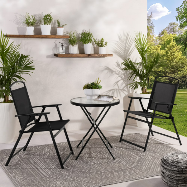 3-Piece Outdoor Bistro Set, Folding Chairs & Glass Table, Black