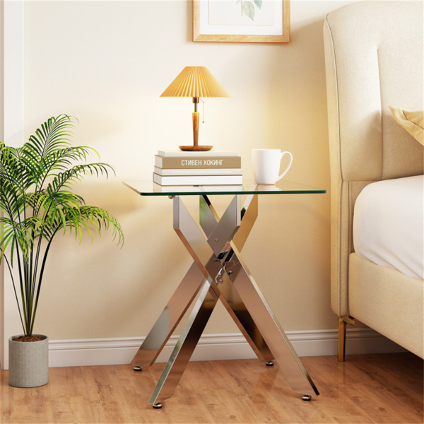 20" x 20" x 22.5" Glass Side Table, Silver Tempered Glass End Table with Intersecting Metal Base