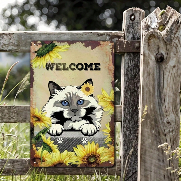 CIFbuy Vintage Farmhouse Welcome Sign, Cat Sunflower Metal Plaque, Iron Wall Decor For Porch Garde ikTok, ikTok, Self-n ckup Logioprdeque