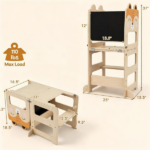 3-in-1 Convertible Toddler Learning Tower Step Stool with Chalkboard, Poplar Wood Flip Design Weaning Table Stool Set Anti-Tip Safety Guardrail 110 LBS Load for Kids 18+ Months Fox Pattern - Image 2