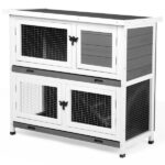 2 Story Solid Wood Rabbit Hutch Bunny Cage with 2 Large Main Rooms, Indoor Outdoor Rabbit House Guinea Pig Cage Pet House for Small Animals with 2 Removable Trays, Grey - Image 3