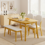1 Table 2 Chairs 1 Bench Dining Set, Rubber Wood Frame with Beige Upholstered Seats, Natural Wood Finish Rectangular Kitchen Dining Furniture - Image 19