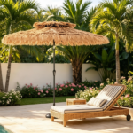 10ft Double Tier Hawaiian Tiki Patio Umbrella with Push Button 30° Tilt & Crank Lift, 8 Metal Ribs PE Thatch Tropical Outdoor Shade Canopy Ventilated Top for Backyard Poolside Brown - Image 6
