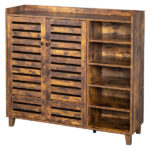 Shoe cabinet with 2 doors, 5 open compartments, and a tabletop with a back panel; made of MDF; 116*35.5*107cm; weathered wood color - Image 2