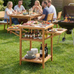 Acacia Wood Outdoor Grill Table with Drop Leaf, BBQ Prep Station with Faux Marble Resin Top - Image 2