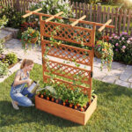 72" Raised Garden Bed with Lattice Trellis, 4.8 Cu.Ft Fir Wood Planter Box with Drainage Holes for Climbing Plants Vegetables - Orange - Image 10