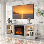 Silver Mirror Modern TV Stand with 18 Inch Fireplace Insert & Storage Shelves, Medium Density Fiberboard Fireplace TV Console for Living Room, 143 x 35 x 62 cm - Image 12