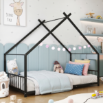 Black House Shaped Twin Size Kids Metal Bed with Side Rails, Platform Bed No Box Spring Needed, Safe & Sturdy Metal Frame for Kids Toddlers, US Standard Size - Image 10