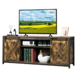 3-layer Double Barn Door with Sliding Rail X-shaped Panel TV Cabinet MDF with Triamine Retro Brown - Image 9