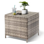 Outdoor PE Wicker Side Table with Storage, Patio Rattan End Table Square Container for Furniture Covers, Toys and Gardening Tools, Grey