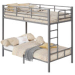 Grey Twin Bunk Bed Square Tube High Guardrail Side Ladder Opening Iron Bed - Image 4