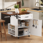 39.3" Farmhouse Kitchen Island with Drop Leaf, Kitchen Storage Island with Open Side Rack, One Drawer, Towel Rack, Rolling Kitchen Cart with Lockable Wheels for Lawn Garden, White - Image 25
