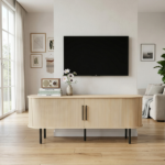 Walnut Embossed Particle Board TV Stand, Oval Tabletop 147×35×58cm, Modern Entertainment Center with Sliding Grid Doors, Media Console Cabinet for Living Room Bedroom - Image 14