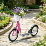 Pink 16" Inflatable Youth Scooter: Kick Scooter with Adjustable Handlebars, Double Brakes, Basket and Cupholder - Image 7