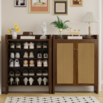 42.5" Tall Rattan Shoe Cabinet with Doors, 6-Tier Wooden Freestanding Shoe Storage Organizer with Adjustable Shelves, Mid-Century Entryway Shoe Cabinet for Hallway & Living Room--Walnut - Image 18