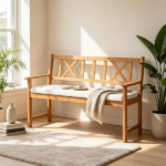 2 Person Acacia Wood Outdoor Loveseat Bench with Removable White Sponge Cushion, Heavy Duty Patio Garden Bench X-Shaped Backrest Armchair Slatted Seat for Backyard Porch Natural Wood Finish - Image 6