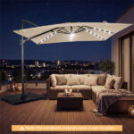 10x10 Ft Beige Solar LED Cantilever Patio Umbrella 360° Rotation Offset Hanging Umbrella with Lights - Image 2