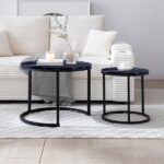Set 2 Coffee Table Nesting Black top Black Frame Circular Round and Marble Pattern Wooden Tables, Living Room Bedroom Apartment Modern Industrial Simple Nightstand - Image 8