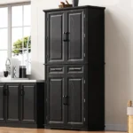 K&K 71" Tall Kitchen Pantry Cabinet with 3 Pull Out Cabinet Organizers, Farmhouse Embossed Texture Storage Cabinet with 6 Door Shelves, 2 Drawers, Freestanding Cupboard for Kitchen, Dining Room Black - Image 6