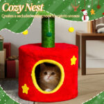 30in Cat Scratching Post with Cat House for Indoor Kitten, Small Cat Tree Tower with Sisal Post and Cute Hanging Balls, Red & Green - Image 2