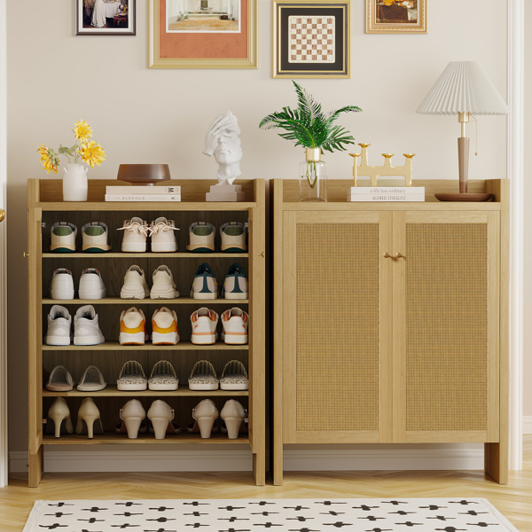 3cf8fd6b-aa8e-4b8d-b8d4-e1b8527dabc0.png 42.5" Tall Rattan Shoe Cabinet with Doors, 6-Tier Wooden Freestanding Shoe Storage Organizer with Adjustable Shelves, Mid-Century Entryway Shoe Cabinet for Hallway & Living Room - Image 1